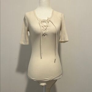 Madewell Cream Lace-Up Ribbed Bodysuit